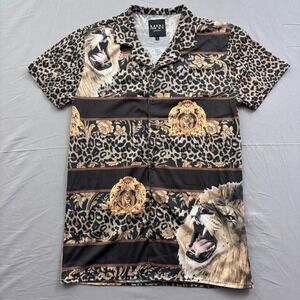 boohooMAN Mens Lion Leopard Baroque Print Short Sleeve Button Down Shirt Small
